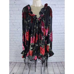 Pat Daknke Sheer Velvet Flower Tassled Long Sleeve Pullover Blouse 5XL